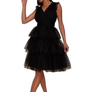 Black Cocktail Tulle V-Neck Midi Ruffle Dress / Size 4